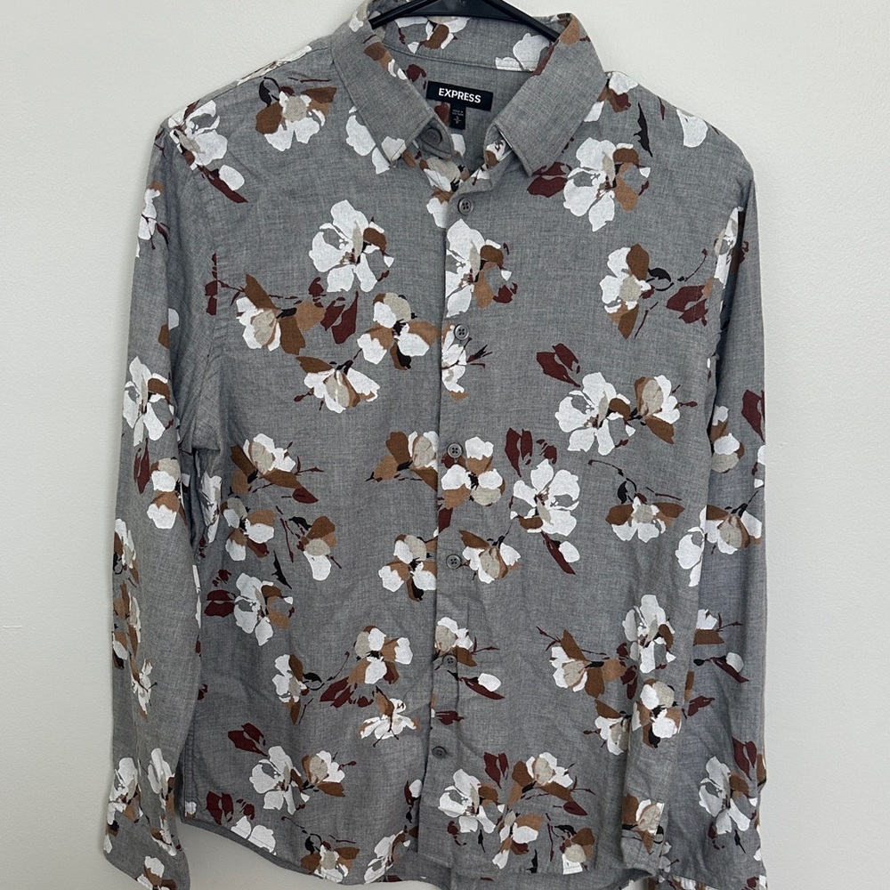 Express Men's Gray and Brown Floral Shirt Jacket